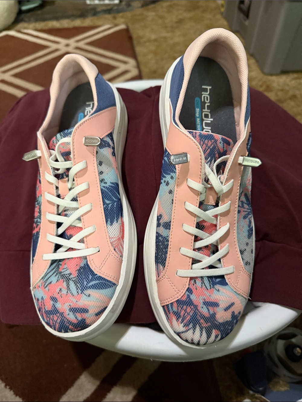 Hey Dude Women's Pink and Blue Floral Lace-Up Sneakers! Size11!